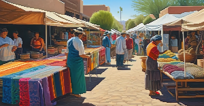 A lively outdoor market in Phoenix with artisans weaving colorful textiles and a diverse crowd admiring the artwork.