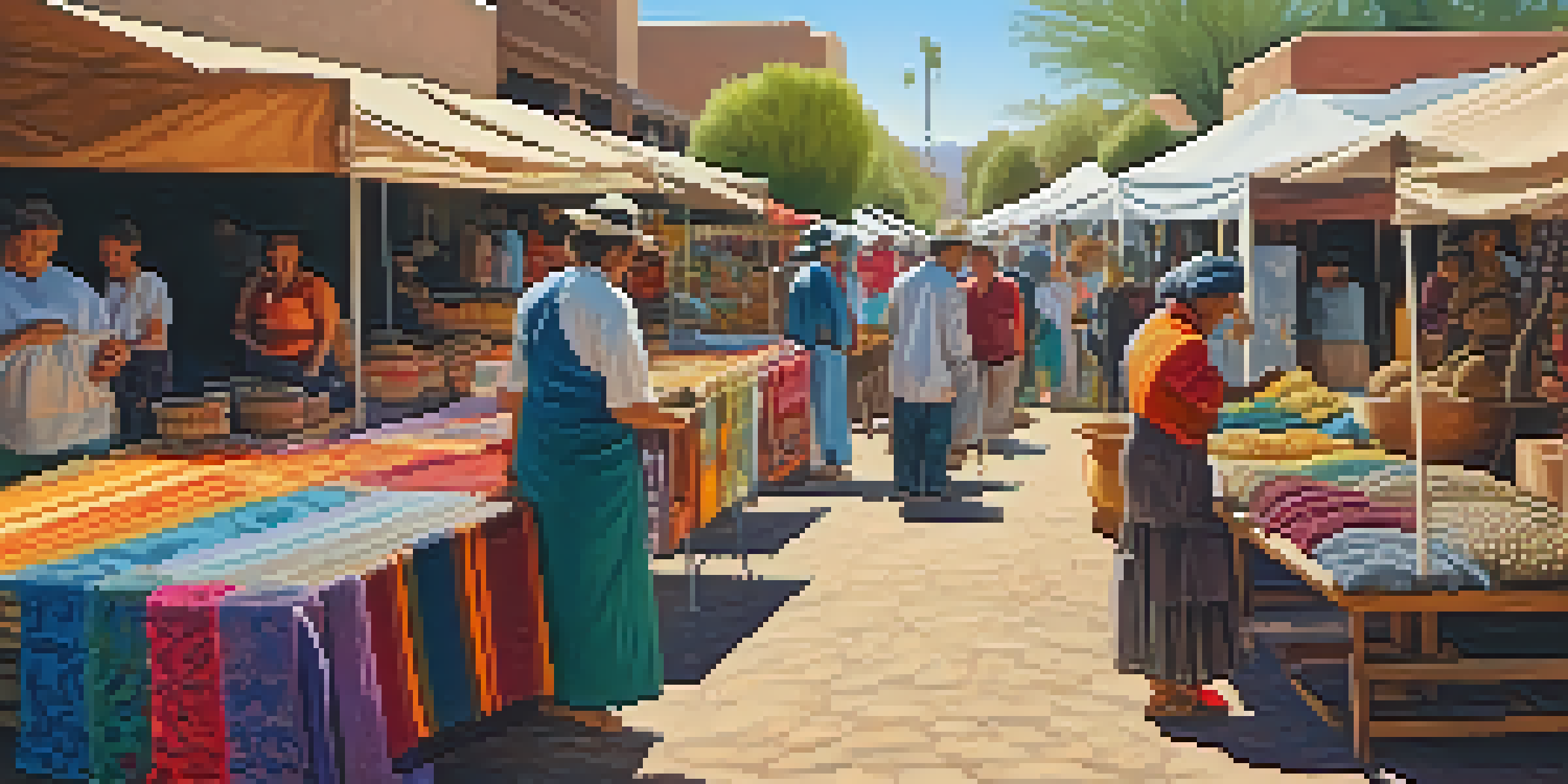 A lively outdoor market in Phoenix with artisans weaving colorful textiles and a diverse crowd admiring the artwork.