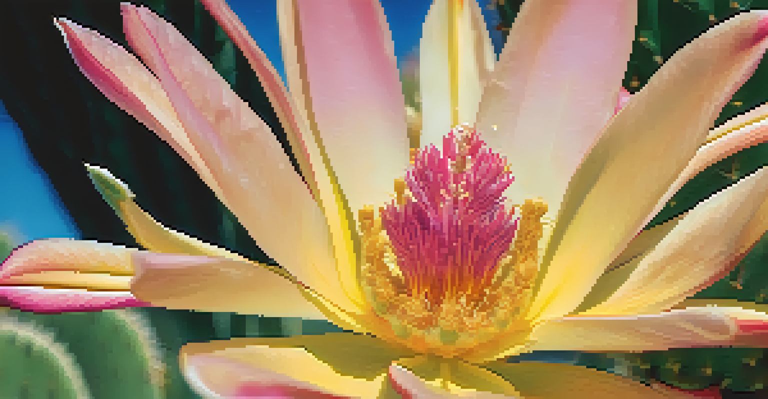 A close-up image of a blooming desert flower with yellow and pink petals against a blurred green cactus background and blue sky.