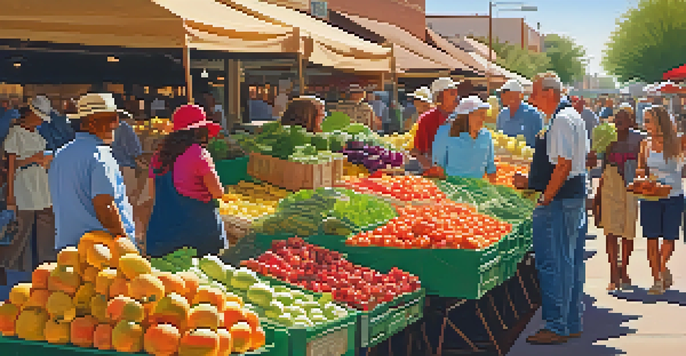 A lively farmers' market in Phoenix with colorful stalls and fresh produce under the warm sunlight, showcasing diverse people interacting.