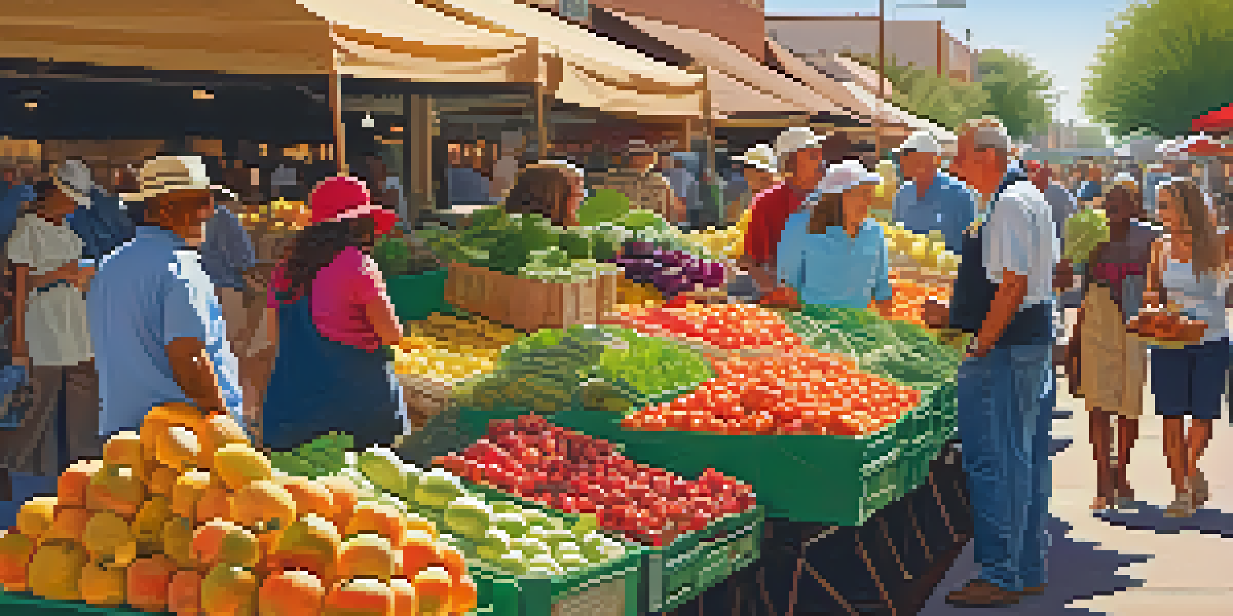 A lively farmers' market in Phoenix with colorful stalls and fresh produce under the warm sunlight, showcasing diverse people interacting.