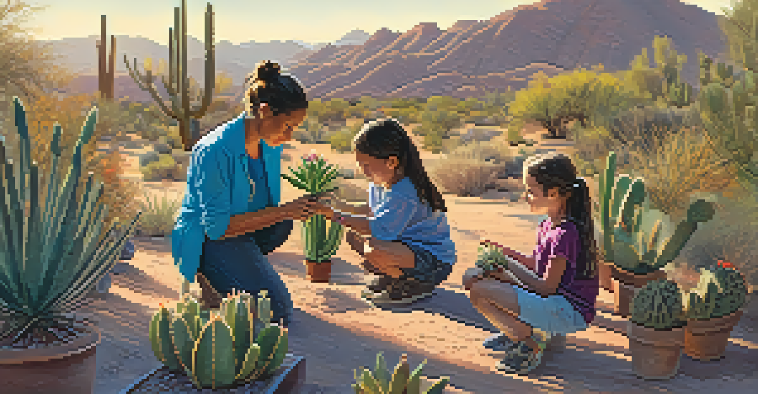 Children planting native seeds at the Desert Botanical Garden, surrounded by colorful flowers and cacti.