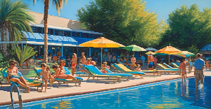 A bright and lively public swimming pool scene with families having fun in the water and relaxing on deck chairs under umbrellas.