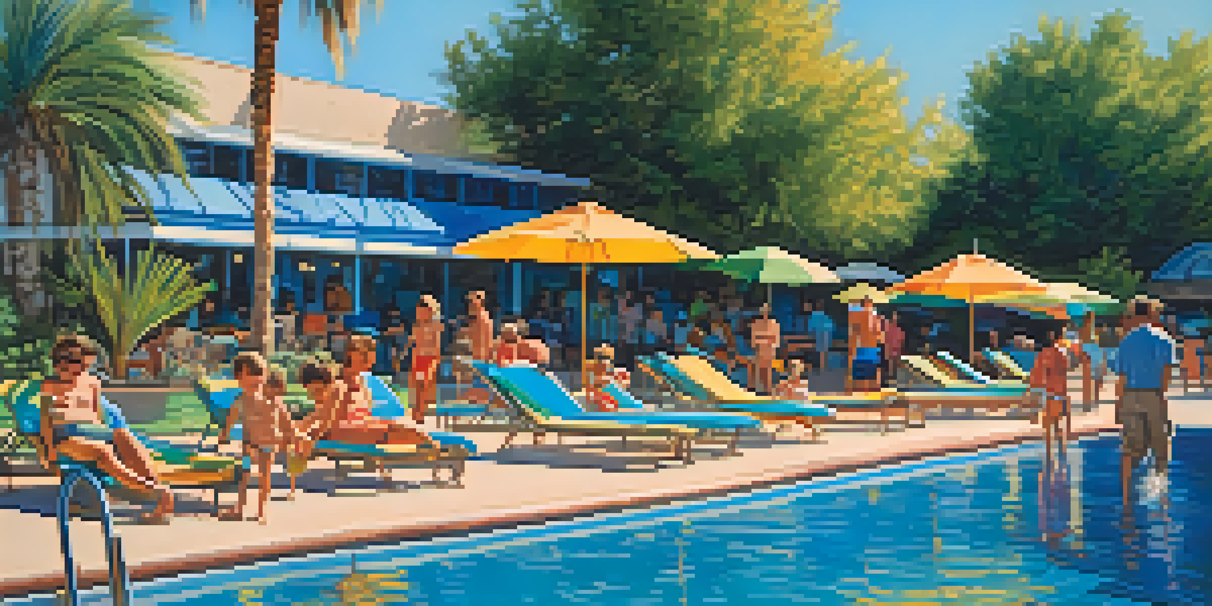 A bright and lively public swimming pool scene with families having fun in the water and relaxing on deck chairs under umbrellas.