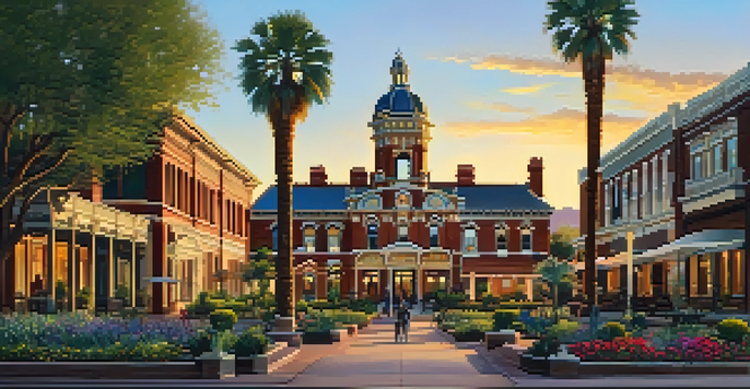 A peaceful view of Heritage Square with Victorian buildings and blooming gardens under a golden sunset.