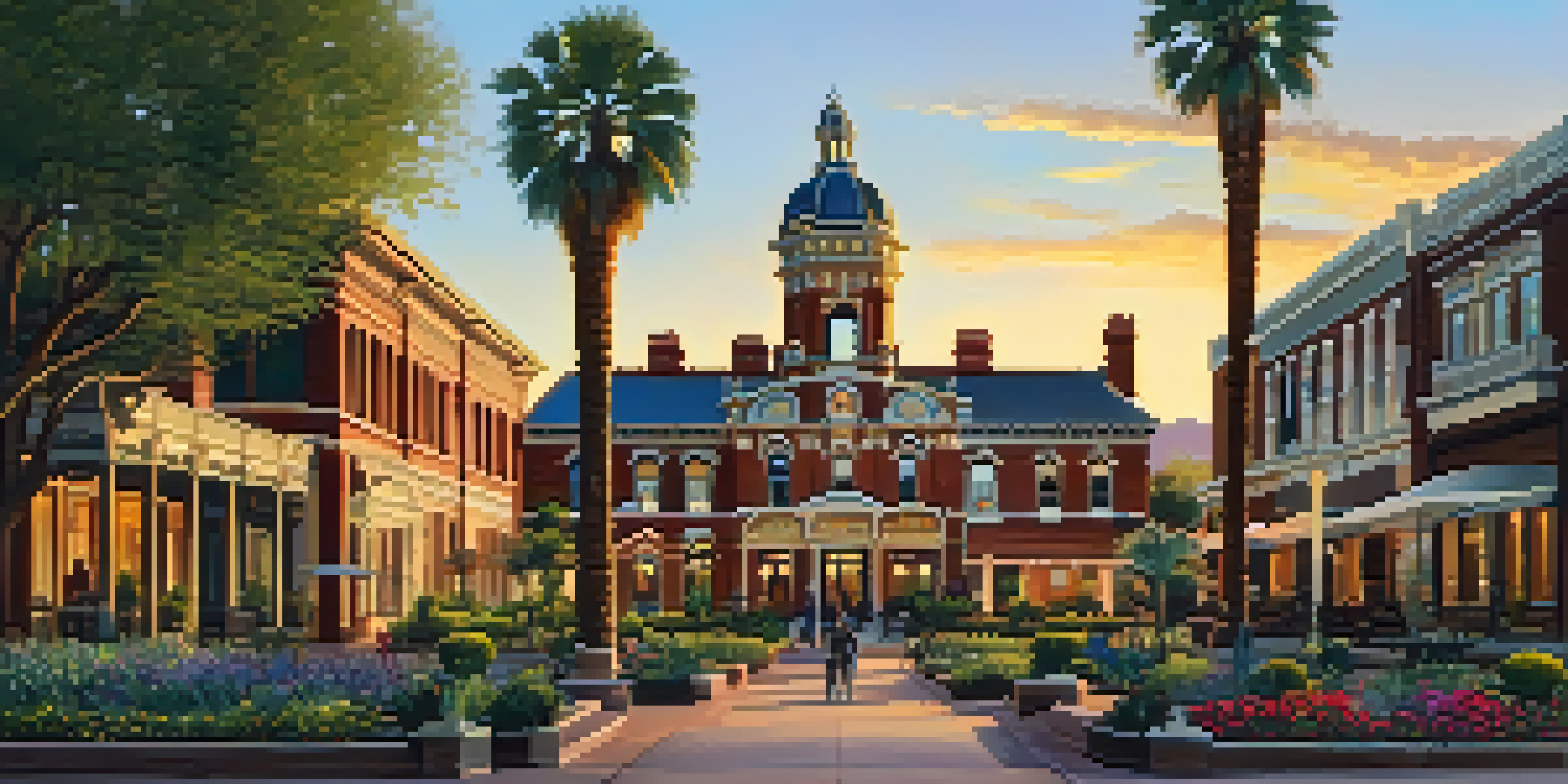A peaceful view of Heritage Square with Victorian buildings and blooming gardens under a golden sunset.