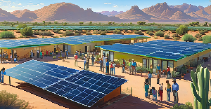 A community solar farm in Phoenix with solar panels and diverse residents discussing solar energy benefits.