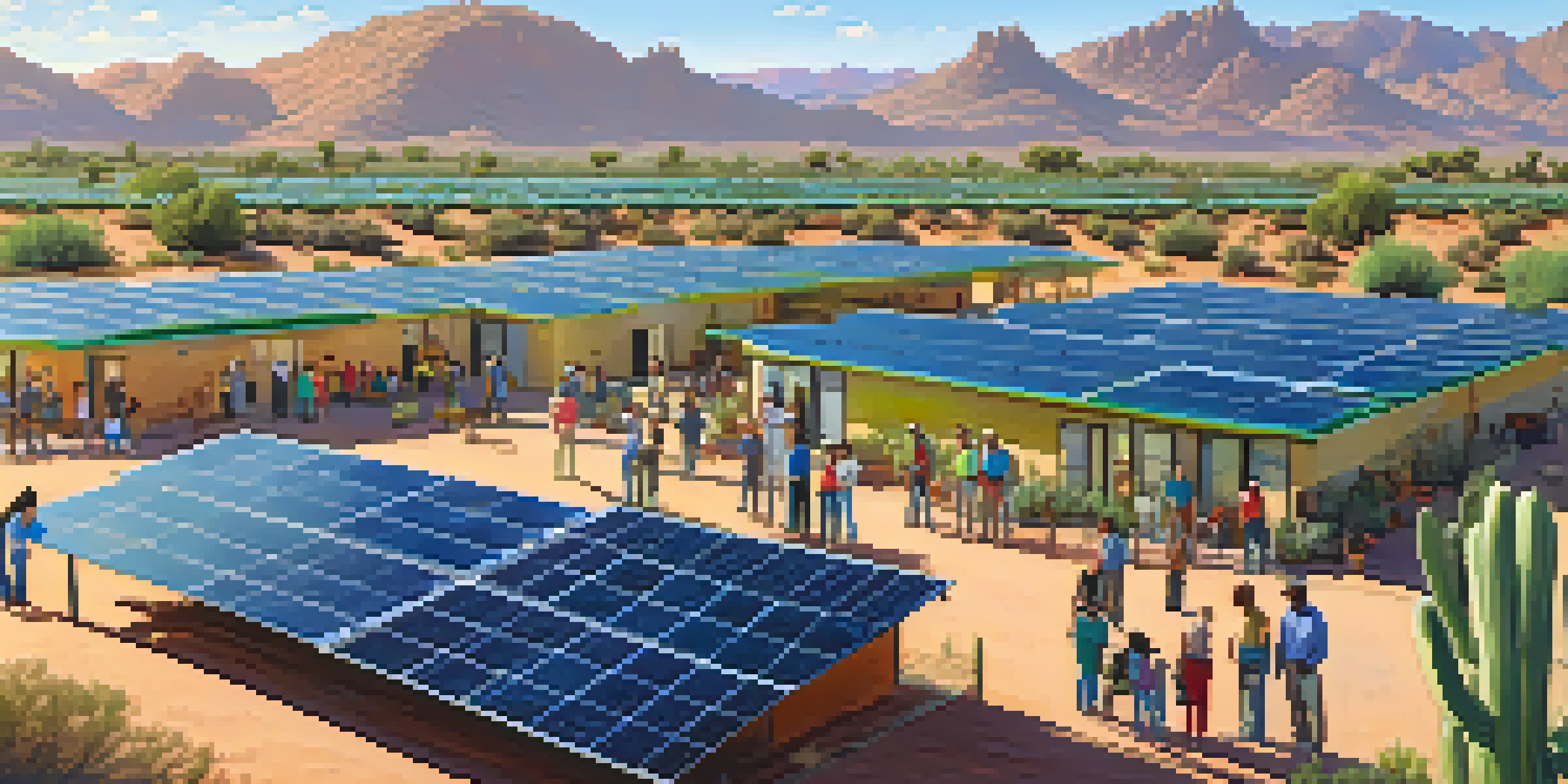 A community solar farm in Phoenix with solar panels and diverse residents discussing solar energy benefits.