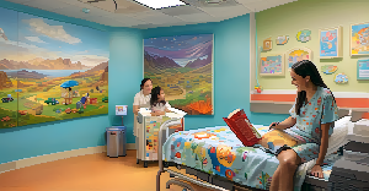 A volunteer reading to a child in a hospital room, bringing joy and comfort to the young patient.
