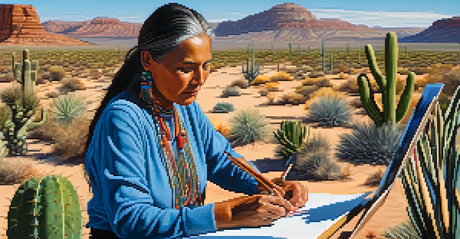 A Native American woman artist painting a colorful landscape on canvas outdoors, surrounded by desert plants and a clear blue sky.