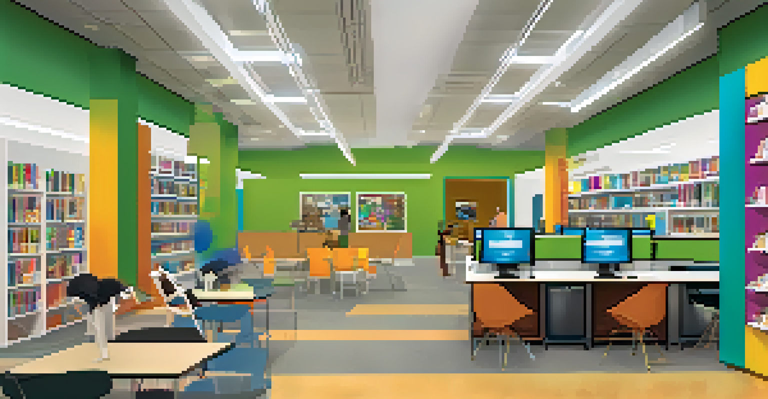 A modern digital resources area in the library with computers and tablets, featuring colorful posters and a librarian assisting a patron.