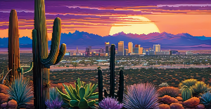 A stunning sunset over the Phoenix skyline with colorful skies and silhouetted city buildings, surrounded by desert plants.