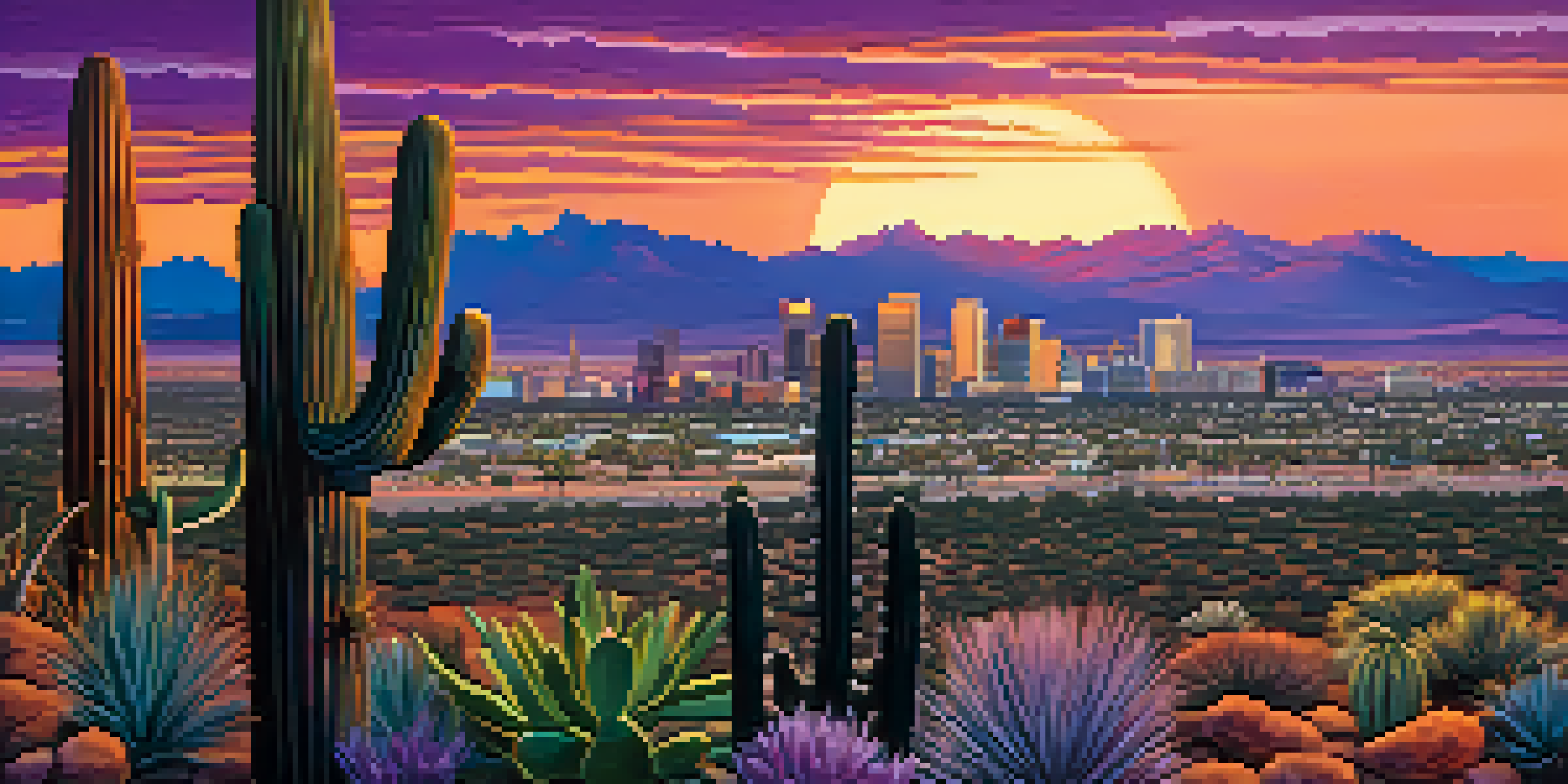 A stunning sunset over the Phoenix skyline with colorful skies and silhouetted city buildings, surrounded by desert plants.