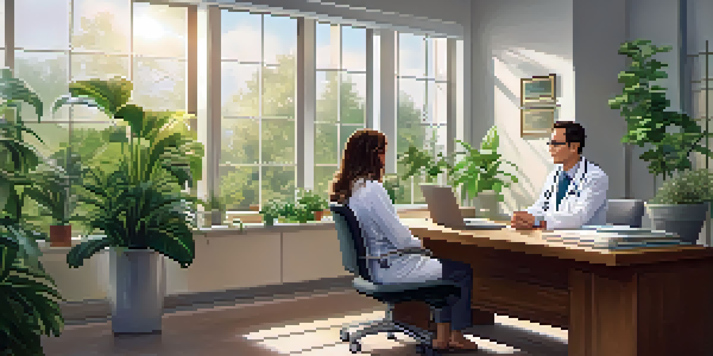 A healthcare specialist consulting with a young man in a bright, modern office filled with plants and sunlight.