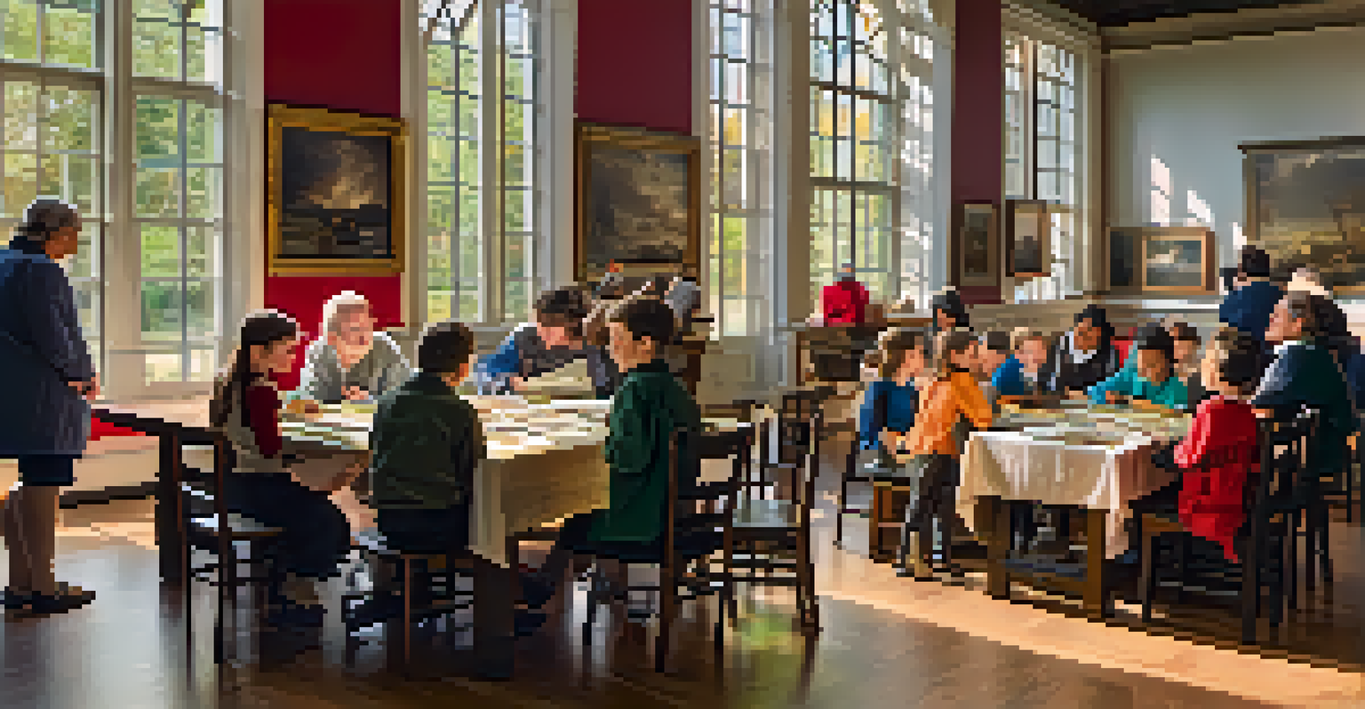 Children and adults participating in an educational workshop at a local museum, examining artifacts and documents in a brightly lit room.