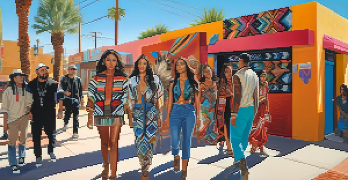 A lively street scene in Phoenix with people in streetwear that incorporates Southwestern designs, set against a colorful mural.