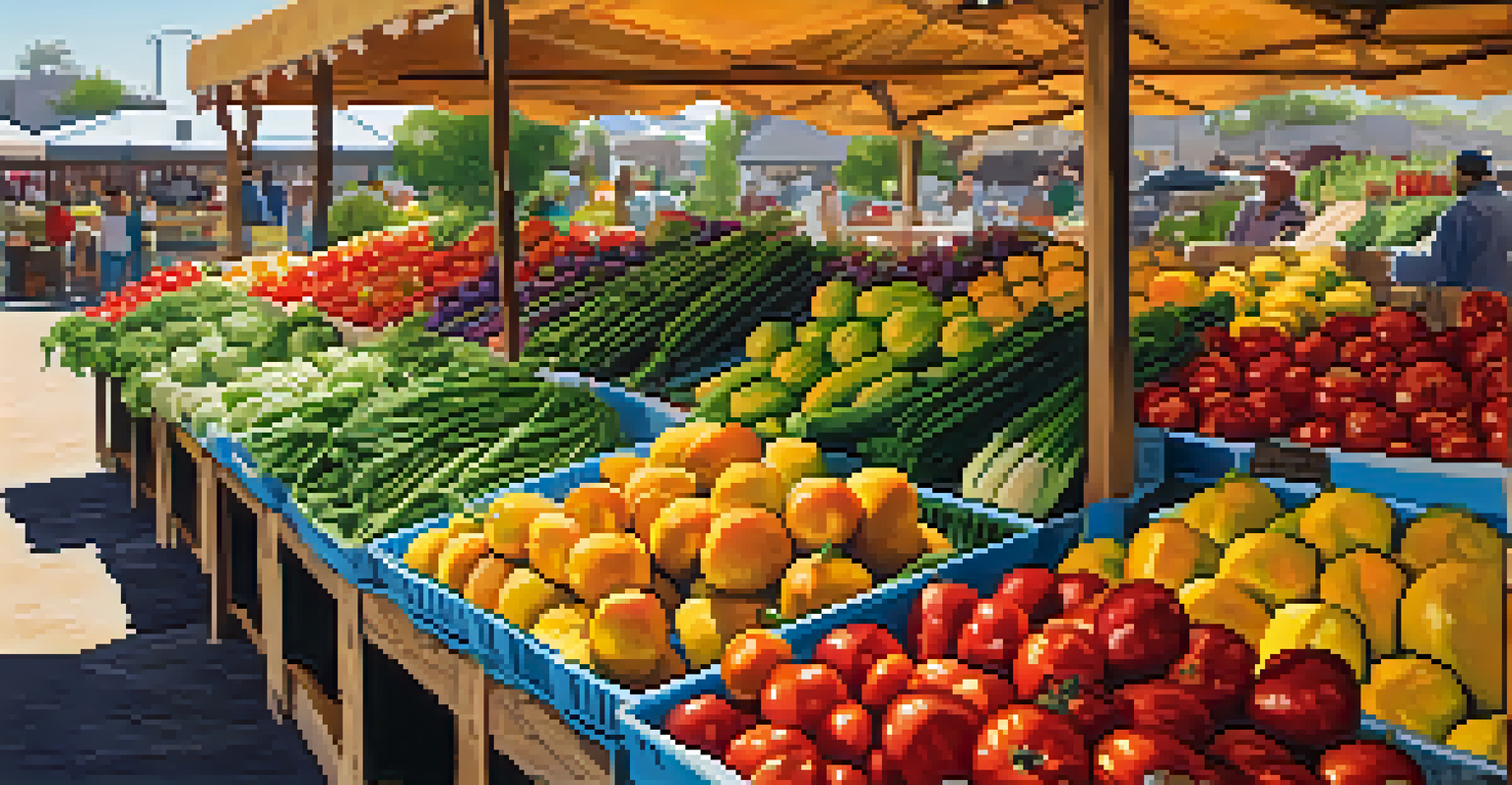 A colorful display of fresh fruits and vegetables at a vendor's stall in a Phoenix outdoor market.