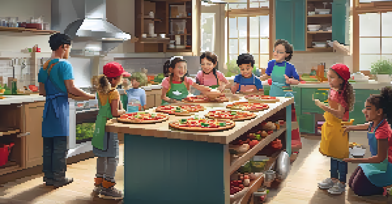 Children and parents participating in a lively cooking class making pizza together, with colorful toppings and a warm atmosphere.