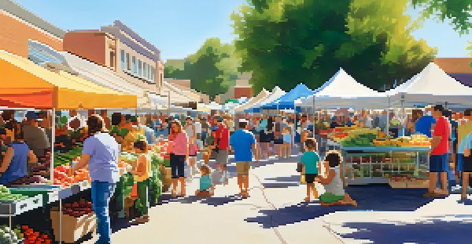A lively scene at a Phoenix farmers' market with families, children participating in cooking demos and parents shopping for produce.