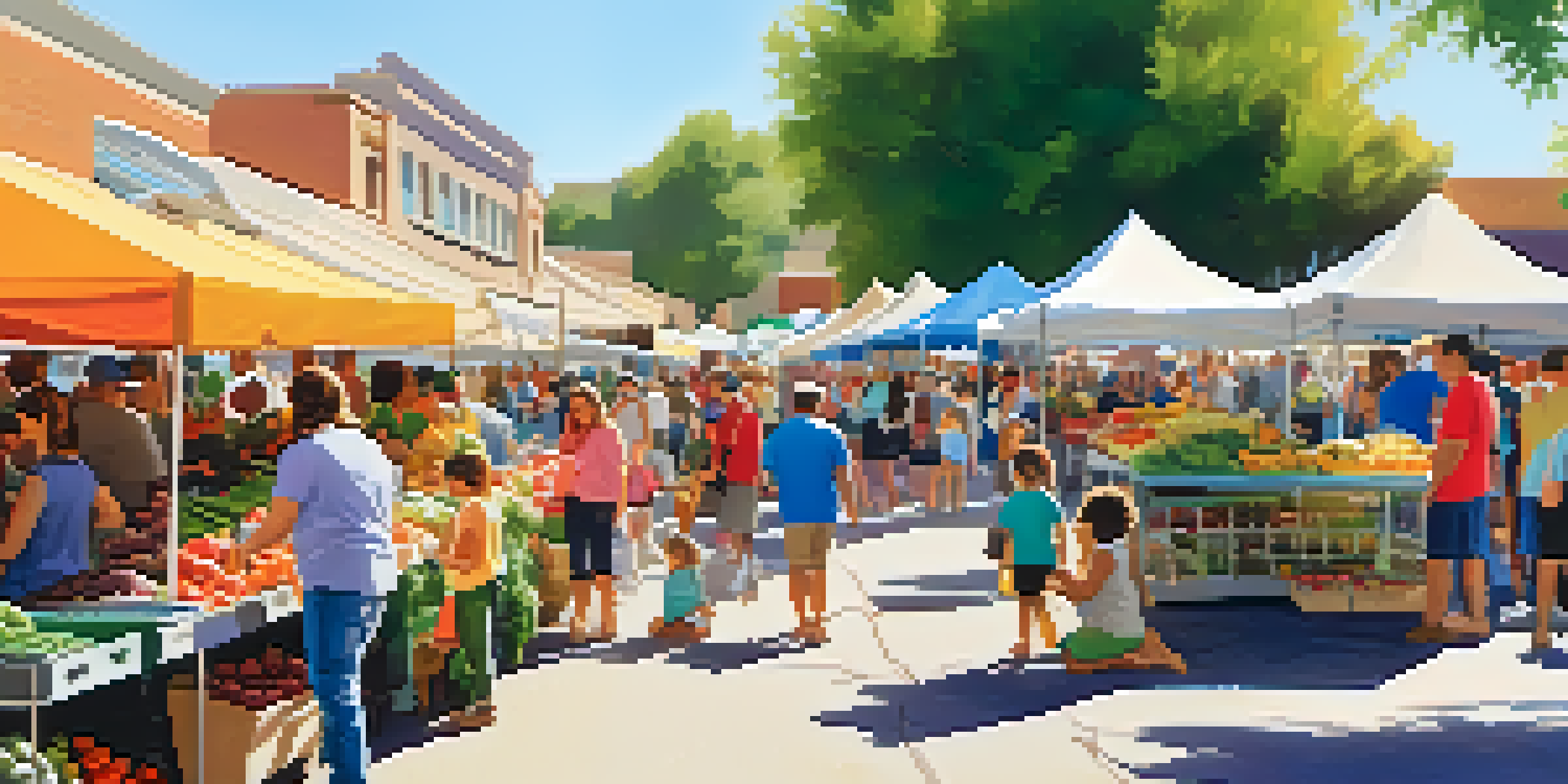 A lively scene at a Phoenix farmers' market with families, children participating in cooking demos and parents shopping for produce.