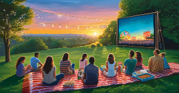 A vibrant outdoor movie night in a park with families and friends enjoying a film on a large screen, surrounded by snacks and colorful blankets under a sunset sky.