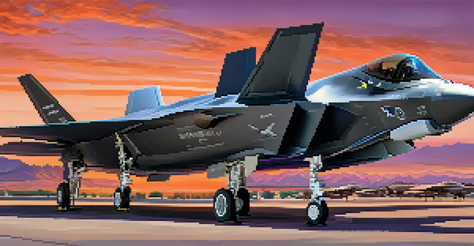 A wide-angle view of Luke Air Force Base at sunset, featuring F-35 jets and historic buildings against a colorful sky.