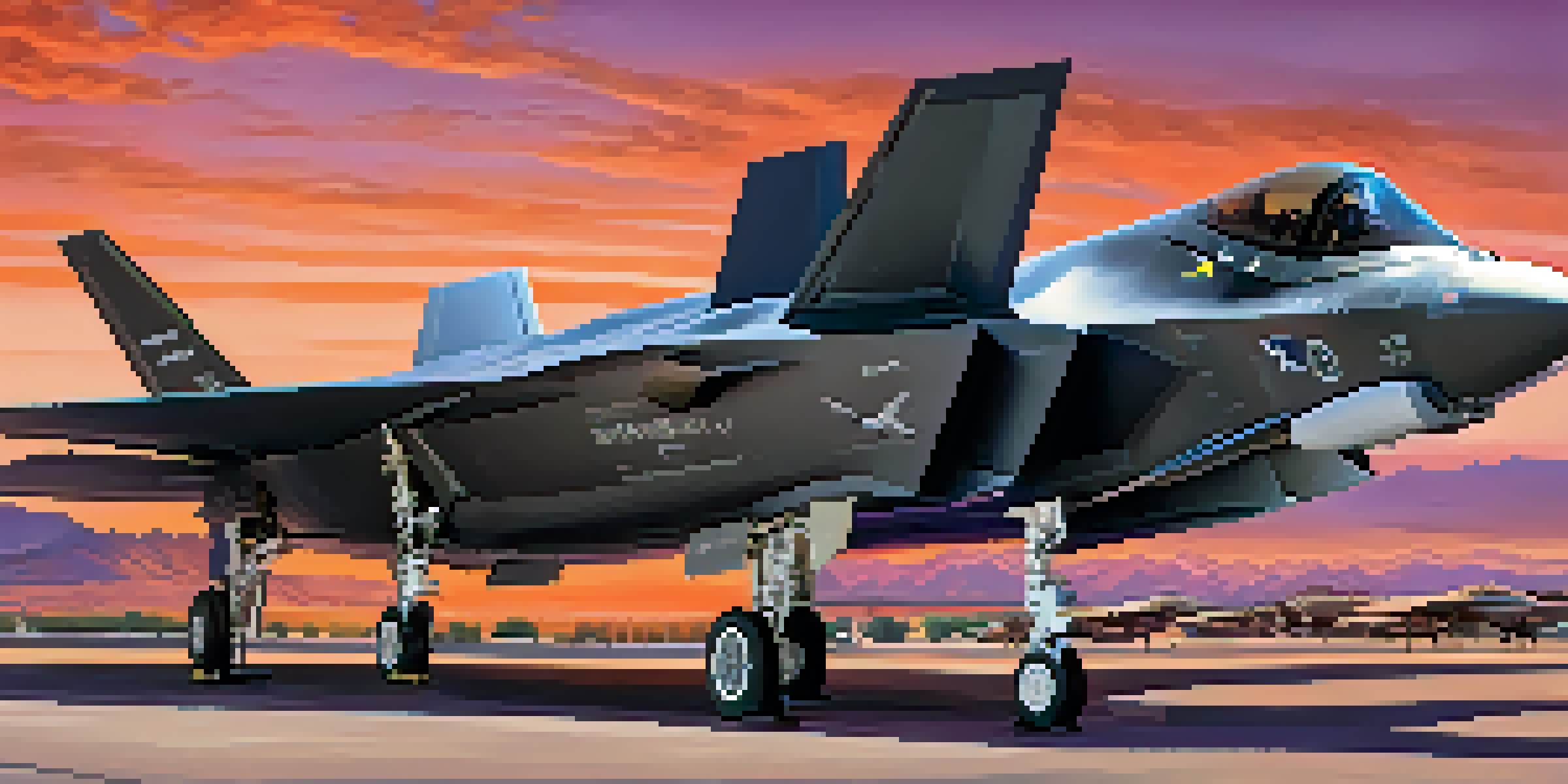 A wide-angle view of Luke Air Force Base at sunset, featuring F-35 jets and historic buildings against a colorful sky.