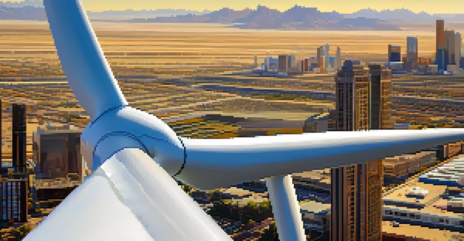 A close-up of a wind turbine blade with the city of Phoenix and mountains in the background, showing detailed textures.