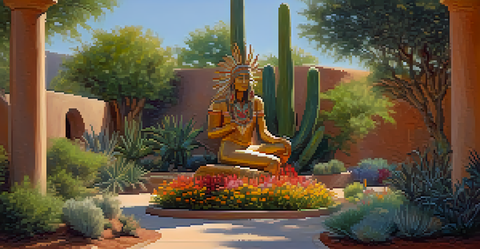 An outdoor sculpture at the Heard Museum, surrounded by desert plants and flowers under sunlight.