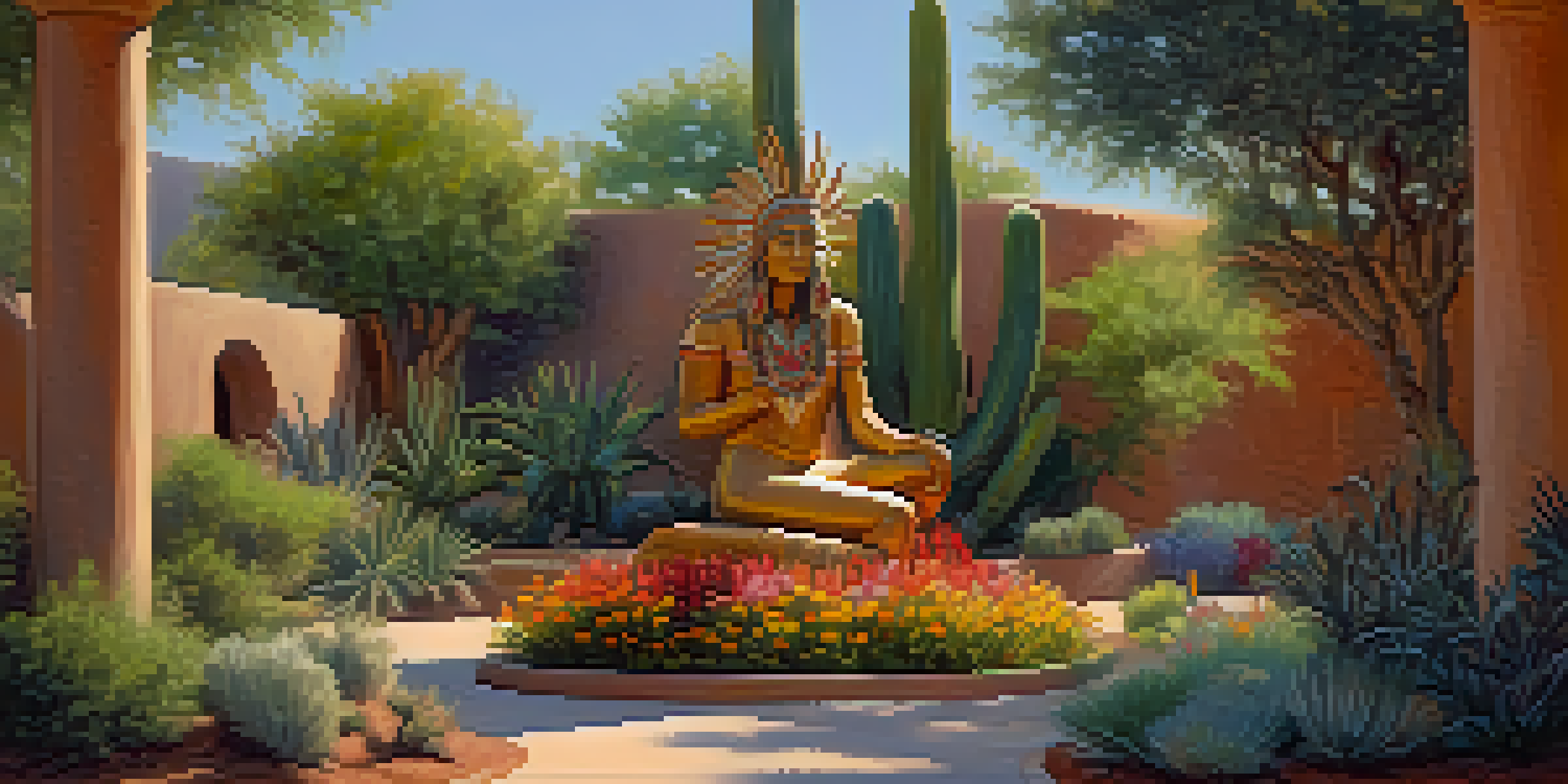An outdoor sculpture at the Heard Museum, surrounded by desert plants and flowers under sunlight.
