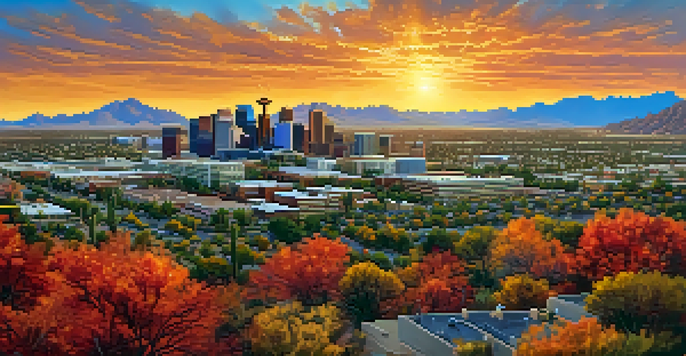A scenic view of Phoenix in fall, featuring colorful leaves, the city skyline, and a sunset over the mountains.