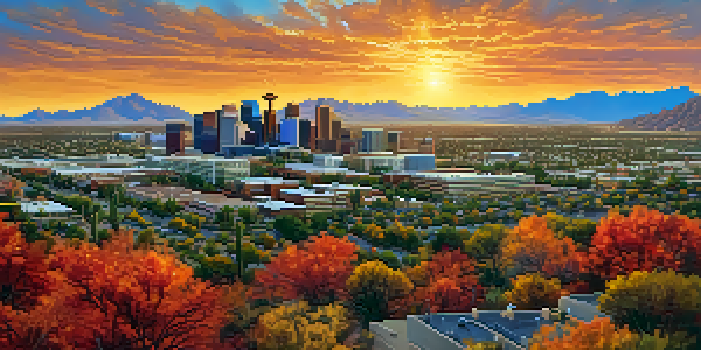 A scenic view of Phoenix in fall, featuring colorful leaves, the city skyline, and a sunset over the mountains.