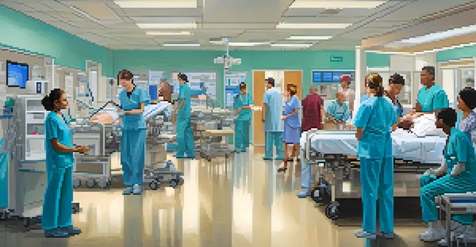 A busy emergency room in a Phoenix hospital with medical staff attending to patients, showcasing urgency and care.