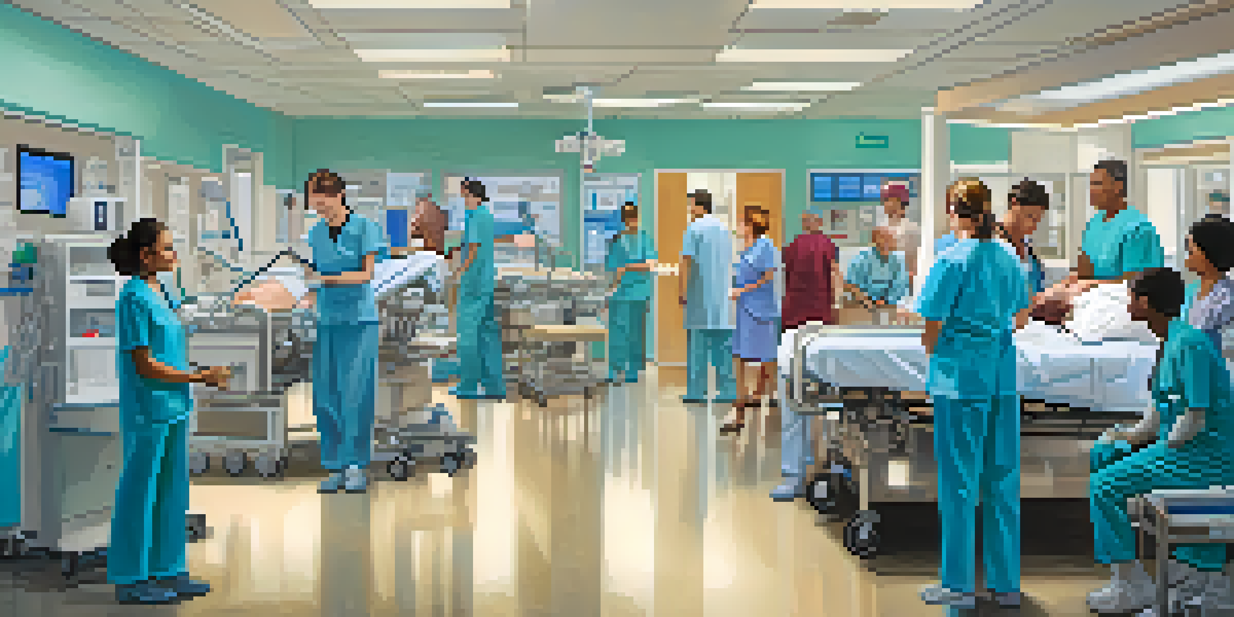 A busy emergency room in a Phoenix hospital with medical staff attending to patients, showcasing urgency and care.