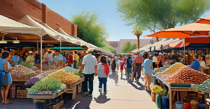 A lively marketplace in Phoenix with artisans displaying colorful handmade crafts and local families enjoying the atmosphere under bright sunlight.