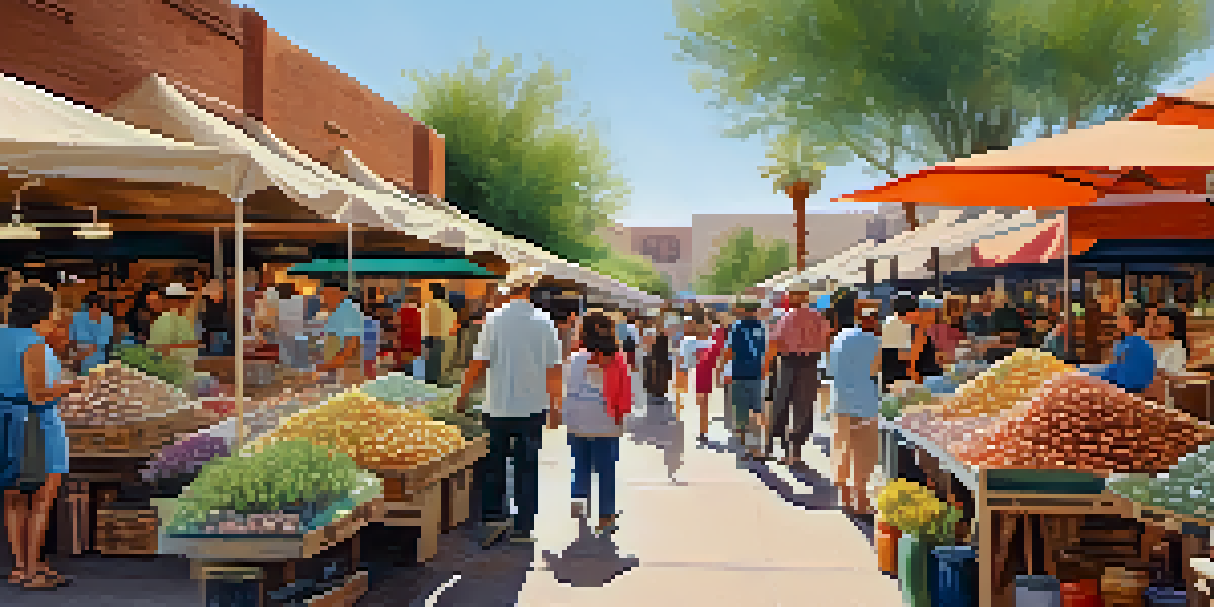 A lively marketplace in Phoenix with artisans displaying colorful handmade crafts and local families enjoying the atmosphere under bright sunlight.
