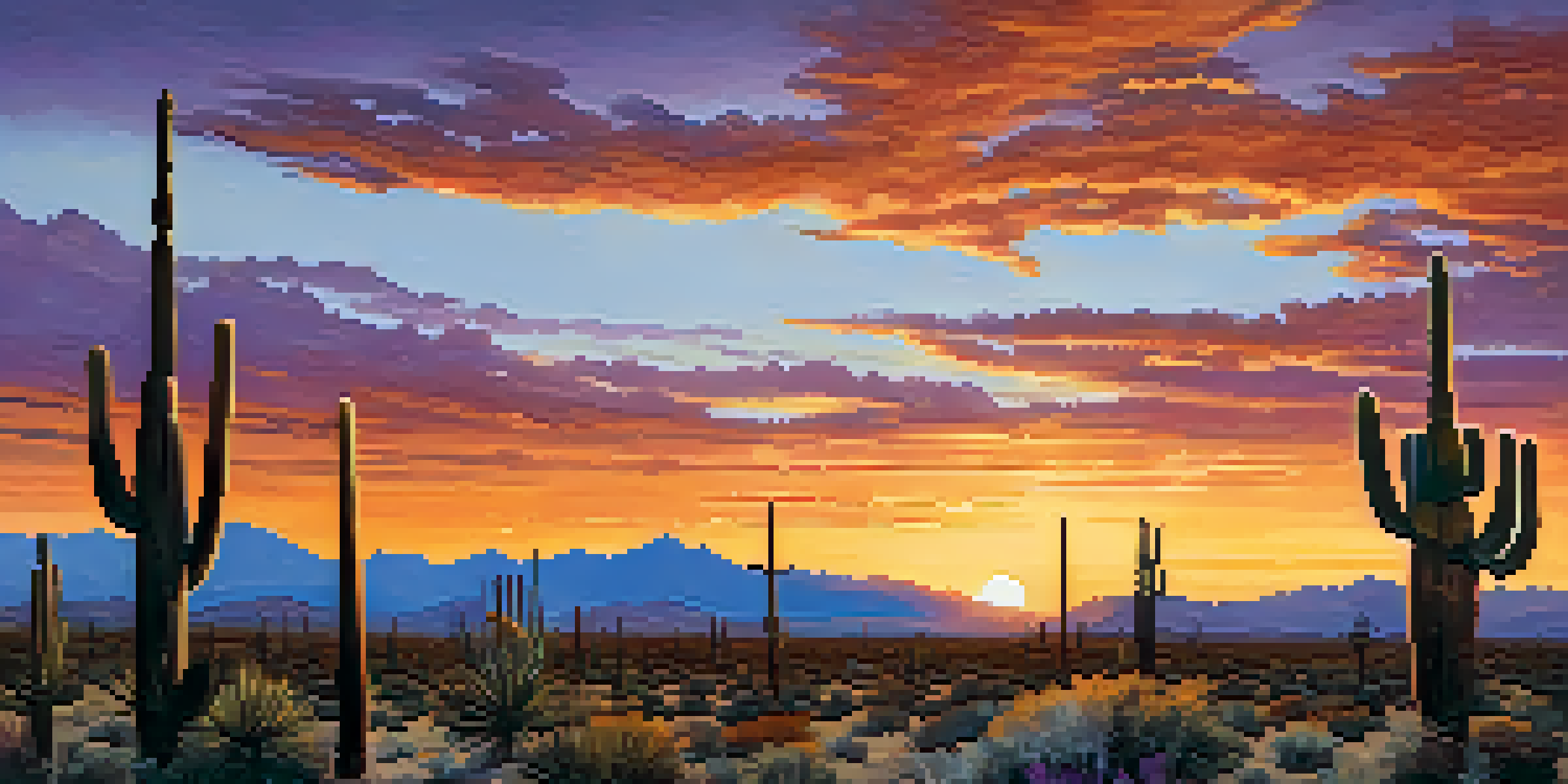 A stunning sunset in the desert of Phoenix with silhouettes of cacti and mountains in the background.