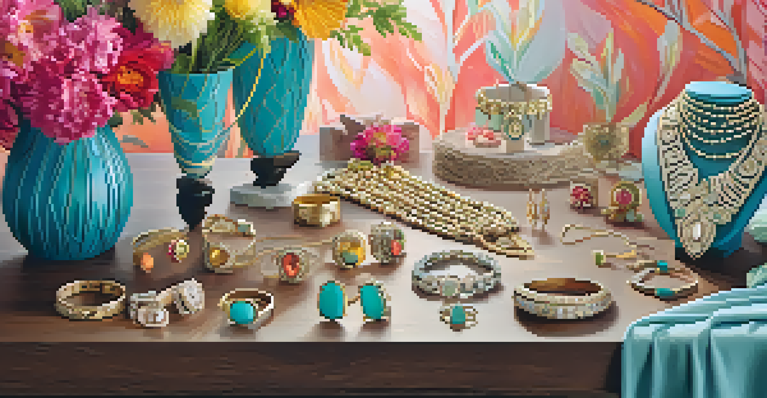 A display of colorful jewelry by Kendra Scott on a rustic wooden table with flowers.