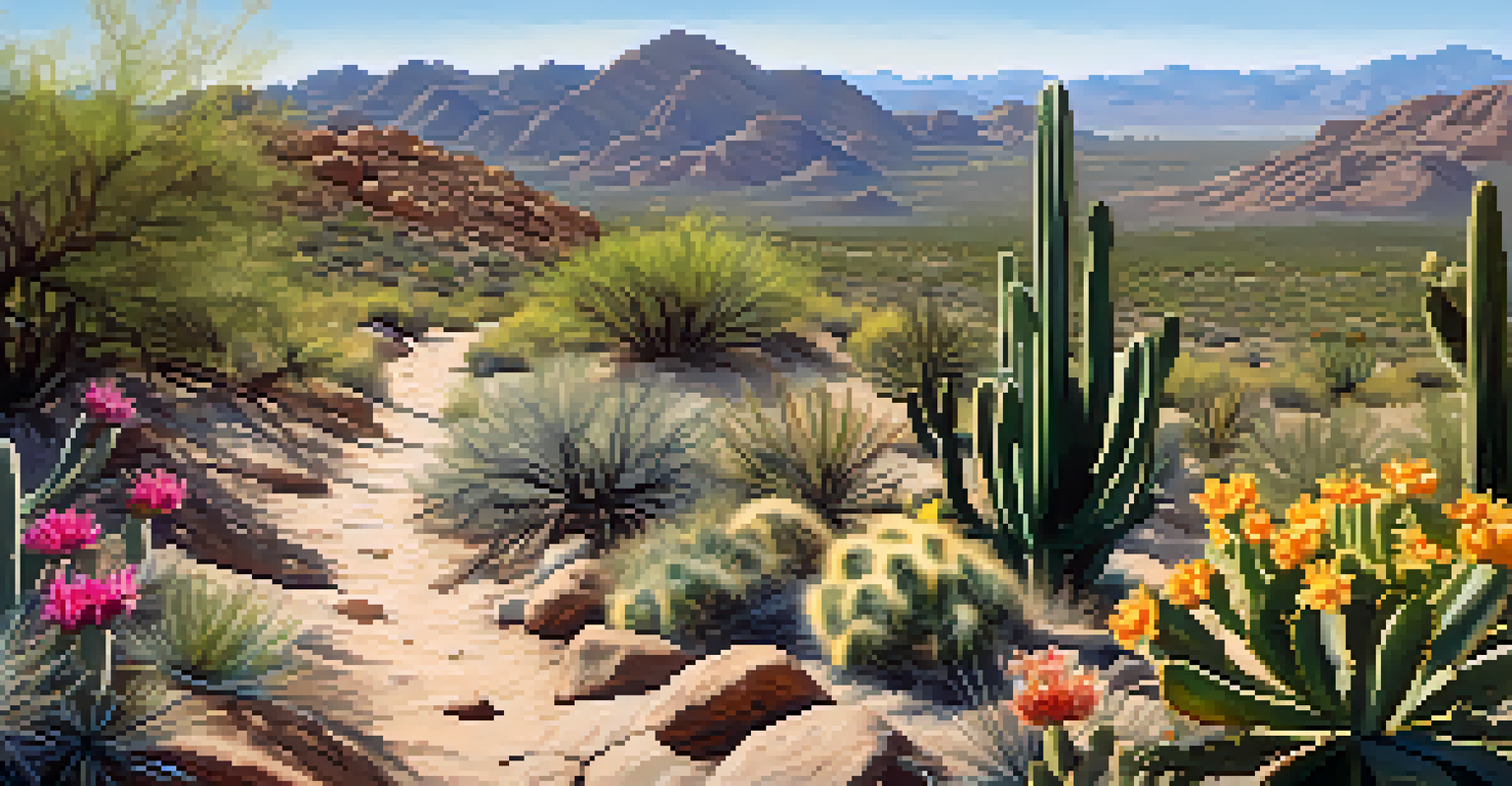A scenic view of the Desert Hills Trail lined with desert plants and hills in the background.