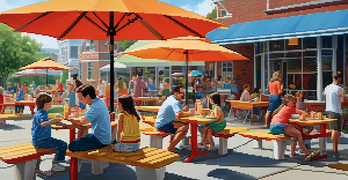 A lively outdoor dining area filled with families enjoying burgers and kids playing cornhole under colorful umbrellas.
