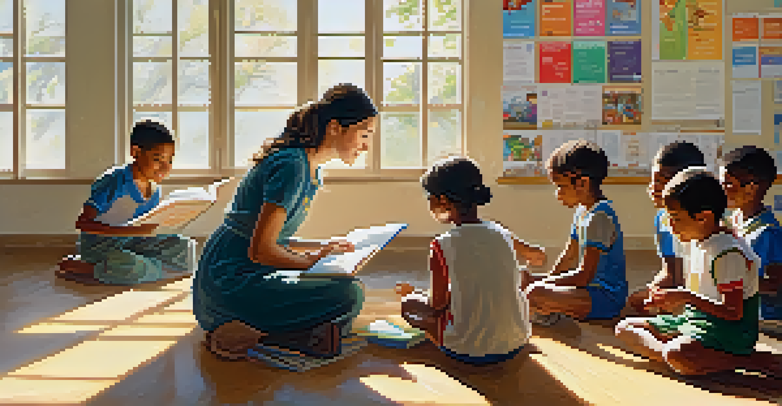 A volunteer teaching local children in a bright classroom filled with educational materials.