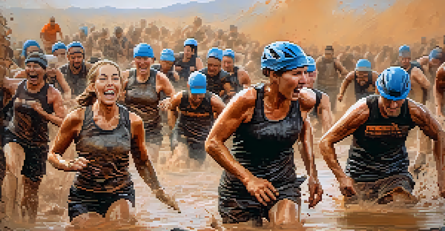Competitors tackling a muddy obstacle in a challenging race, showcasing teamwork and physical endurance.