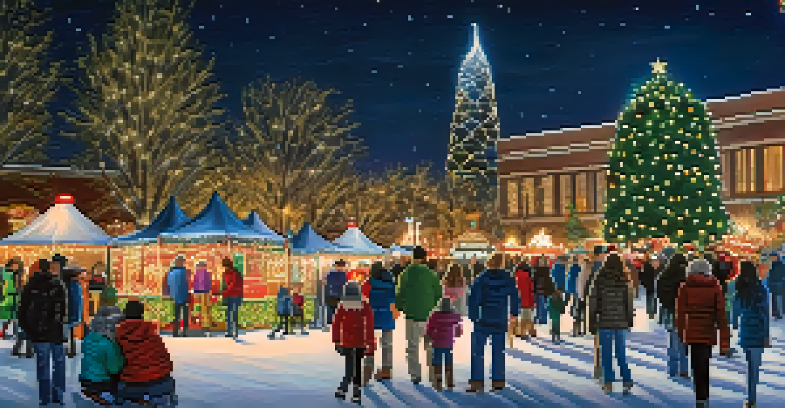 A winter festival scene with beautiful light displays, families ice skating, and holiday market stalls.