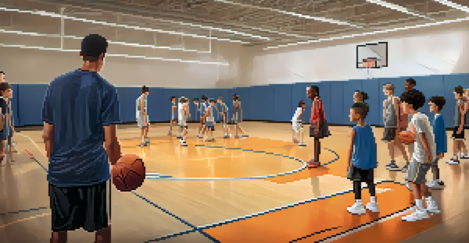 A coach teaching young athletes basketball skills in a well-lit gym, with motivational posters and a basketball hoop.