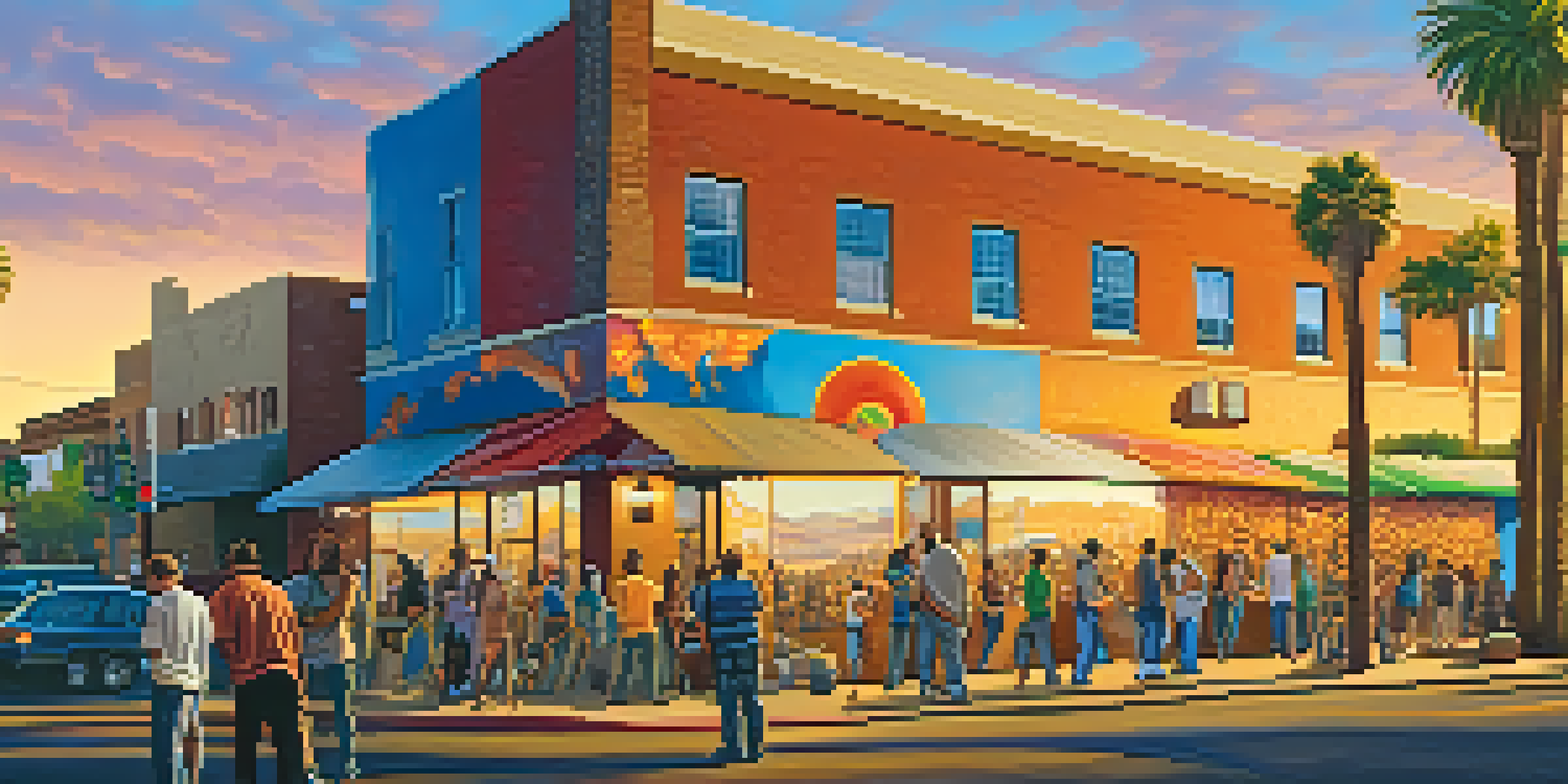 A lively street scene in downtown Phoenix with colorful murals and diverse people engaging with art under a warm sunset.