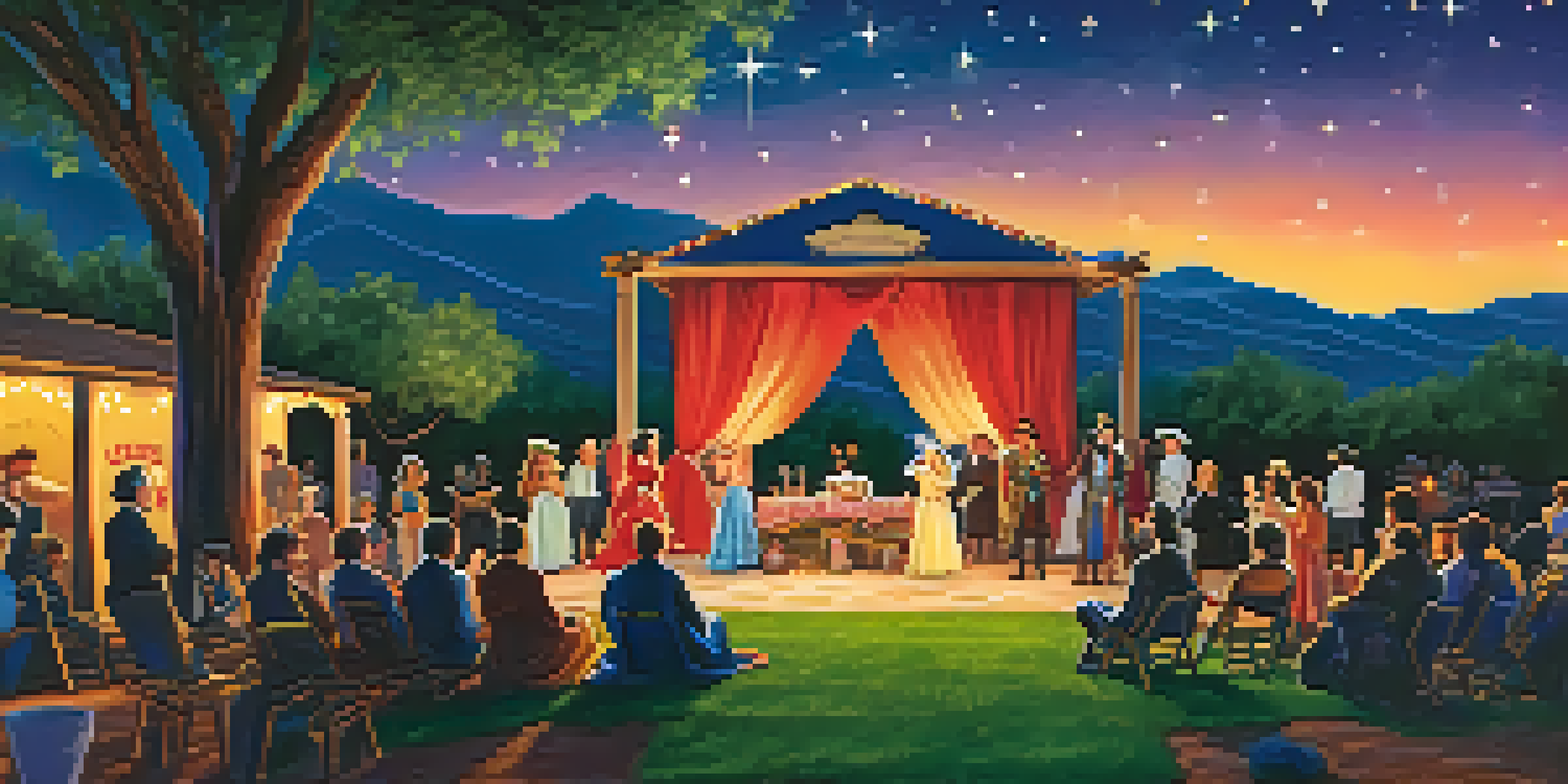 An outdoor theater performance in Phoenix with actors under a starry sky, surrounded by an audience and greenery.