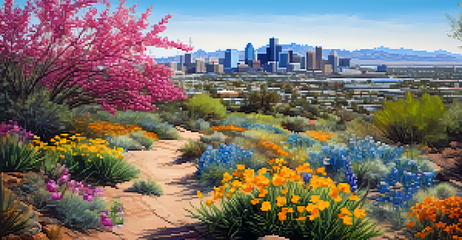 A blooming wildflower landscape on a hiking trail in Phoenix with a city skyline background.