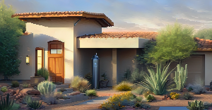 A residential home in Phoenix with a rainwater harvesting system, featuring a rain barrel and drought-resistant plants under a sunset.