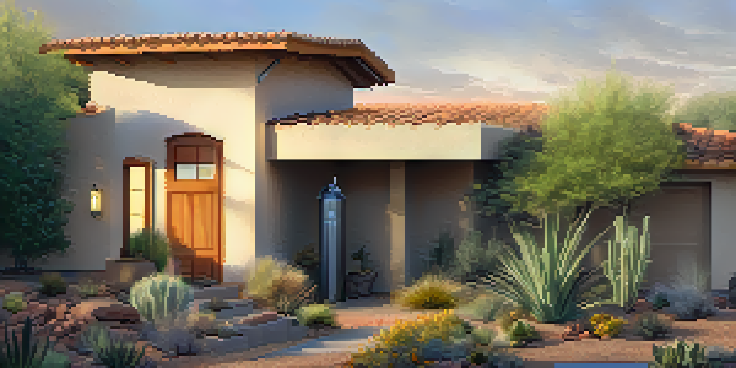 A residential home in Phoenix with a rainwater harvesting system, featuring a rain barrel and drought-resistant plants under a sunset.