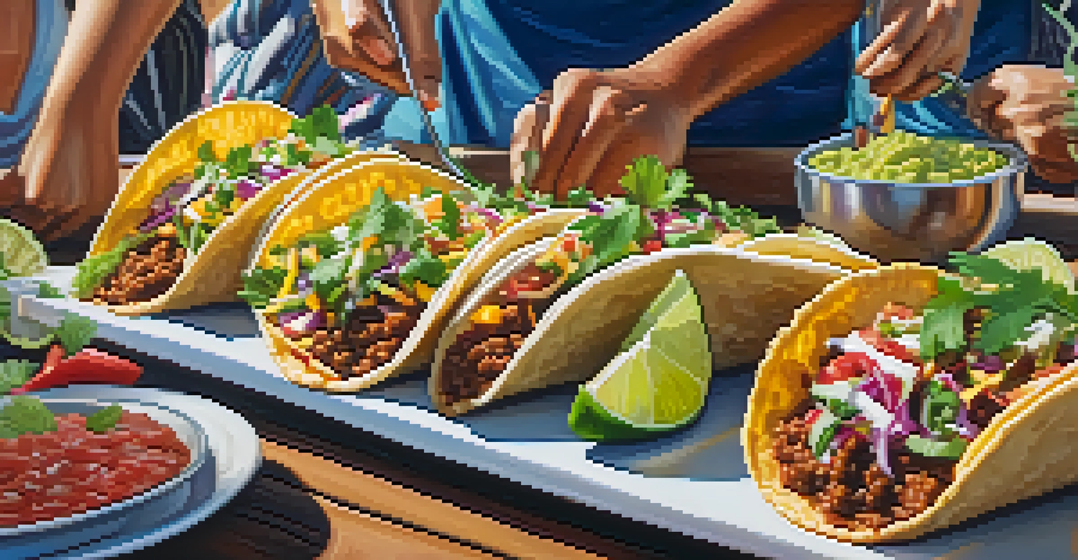 A colorful plate of tacos with fresh toppings and lime wedges, set against a lively taco festival backdrop.